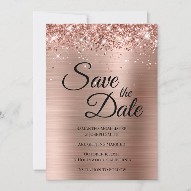 Save The Date Rose Gold Pailleté Script Fantaisie Brillante (Devant)
