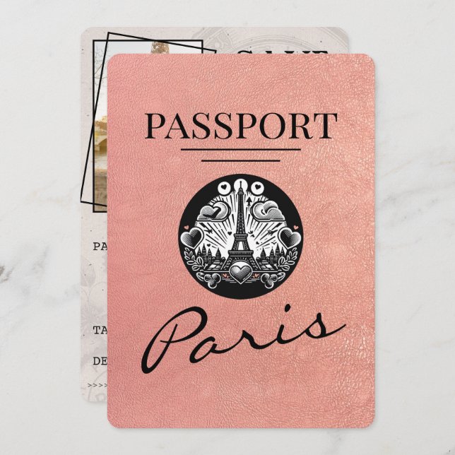 Save The Date Rose Gold Paris Passport Enregistrer La Date (Devant / Derrière)