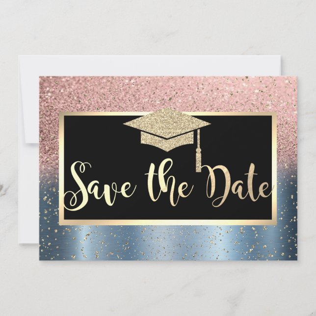 Save The Date Rose Gold Parties scintillant Blue Graduation Enre (Devant)