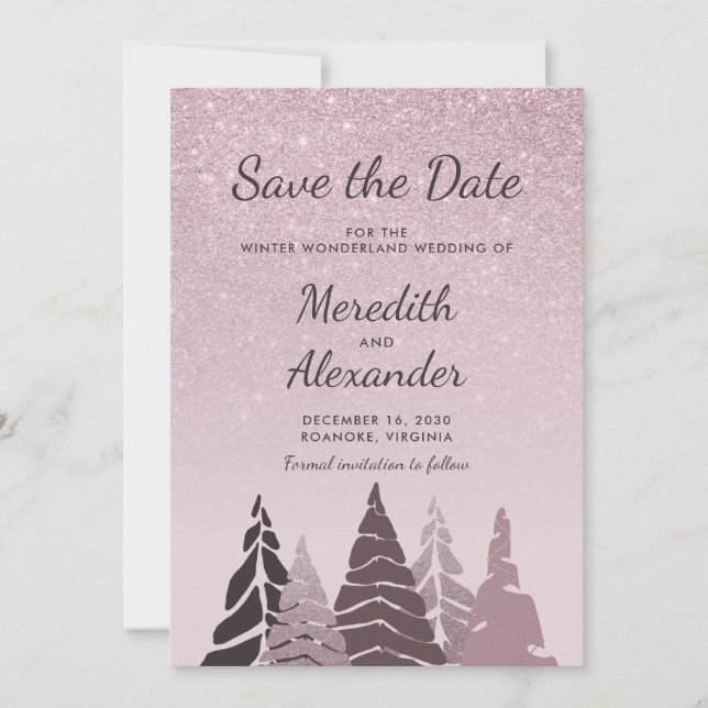 Save The Date Rose Gold Parties scintillant Ombre Winter Holiday (Devant)