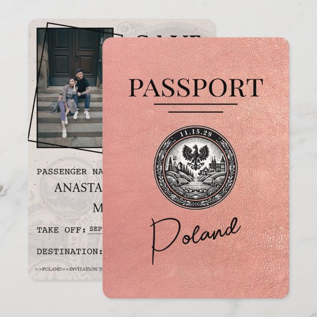 Save The Date Rose Gold Pologne Passeport Enregistrer La Date (Devant / Derrière)
