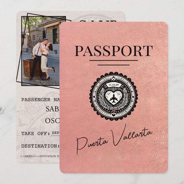 Save The Date Rose Gold Puerta Vallarta Passeport Enregistrer La (Devant / Derrière)