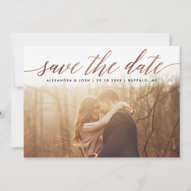 Save The Date Rose Gold Script Photo Enregistrer la date à Faux  (Devant)