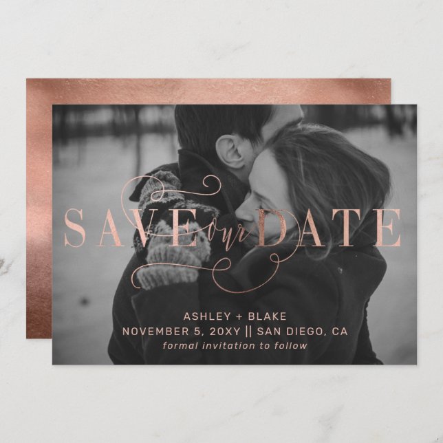 Save The Date Rose Gold Stylish manuscrite photo (Devant / Derrière)