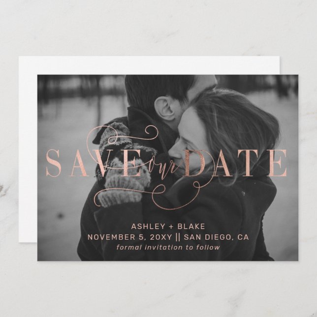 Save The Date Rose Gold Stylish manuscrite photo (Devant / Derrière)