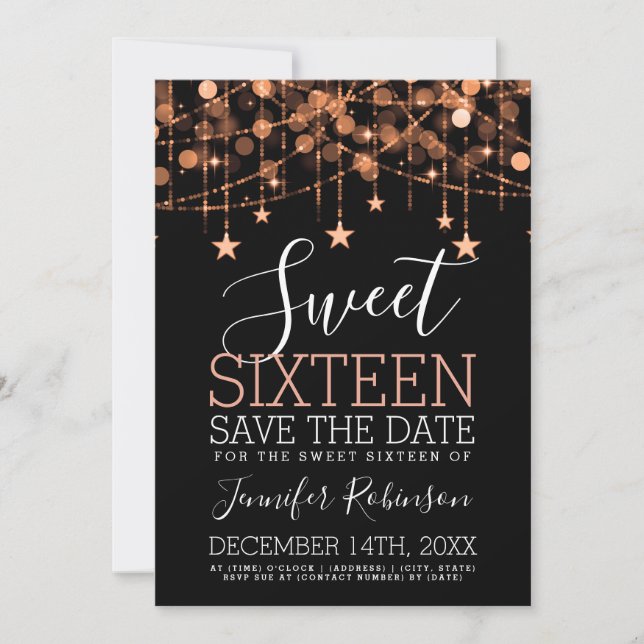 Save The Date Rose Gold Sweet 16 Sparkly String Lights Date de s (Devant)