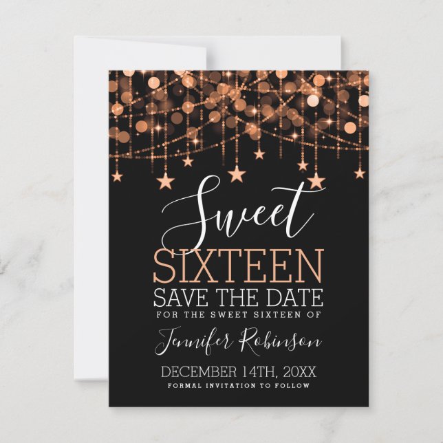 Save The Date Rose Gold Sweet 16 Sparkly String Lights Date de s (Devant)