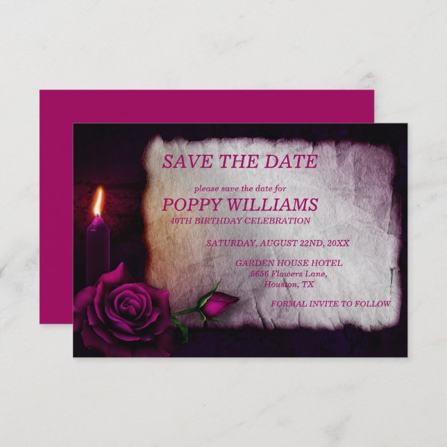 Save The Date Rose gothique romantique & bougie (Devant / Derrière)