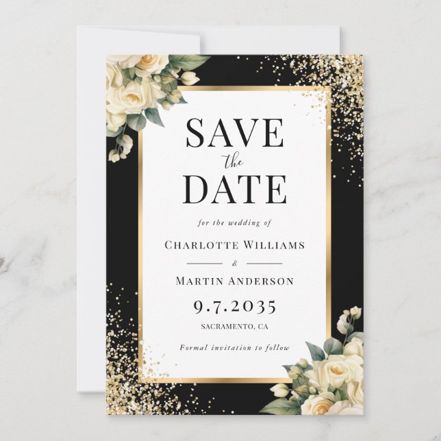 Save The Date Rose ivoire Noir Confetti Floral Mariage (Devant)