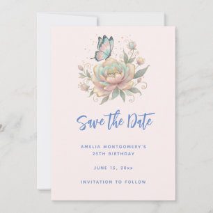 Save The Date Rose Magique et Papillon Couleurs Pastel