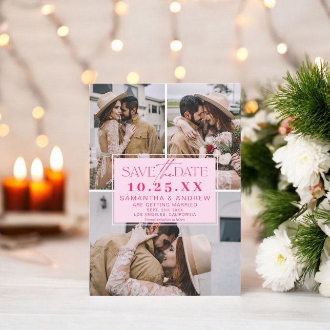 Save The Date Rose moderne enregistrer la date 3 photos grille c (Modern pink save the date 3 photos grid collage)