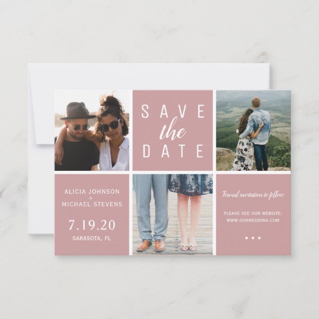Save The Date Rose moderne poussiéreux simple 3 photo collage ma (Devant)
