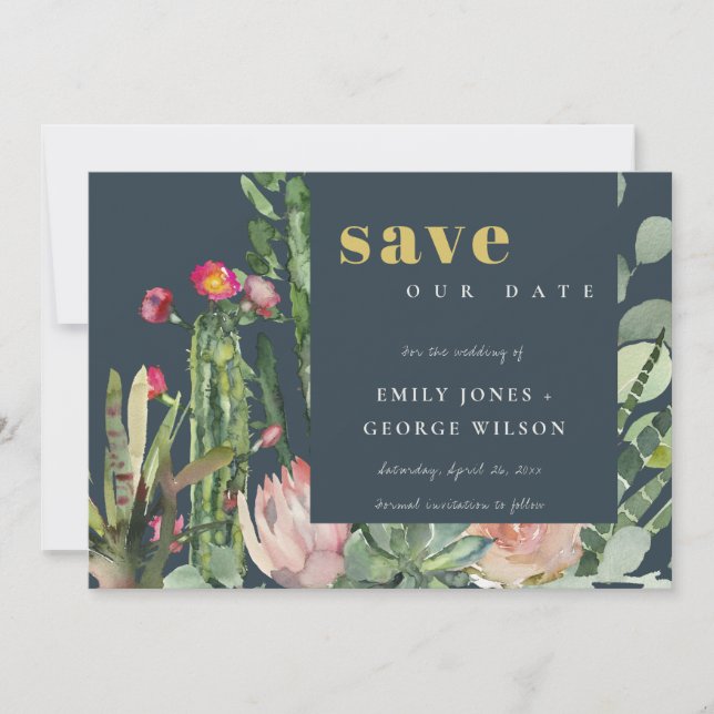 SAVE THE DATE ROSE NAVY FLEURIE FEUILLAGE CACTUS DU DÉSERT AQUAR (Devant)