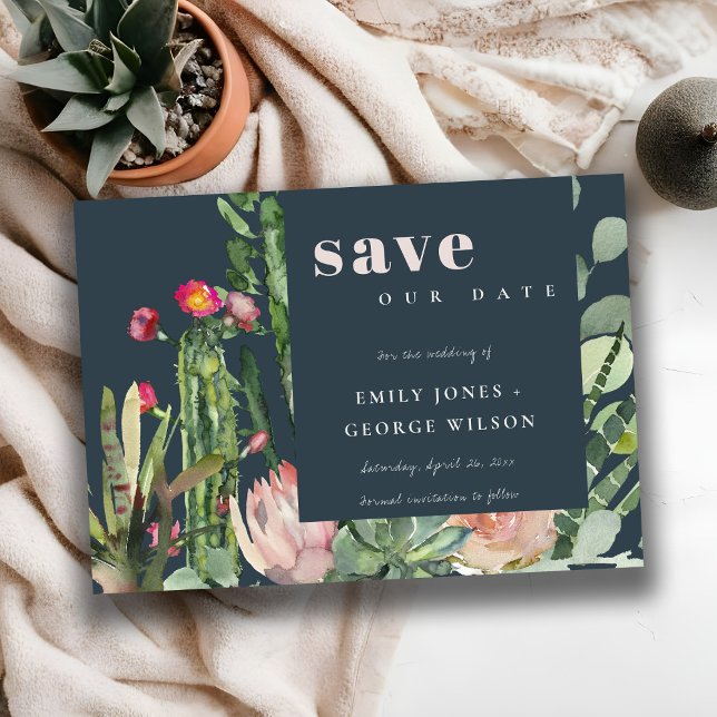 SAVE THE DATE ROSE NAVY FLEURIE FEUILLAGE DE CACTÉE DU DÉSERT A  (Créateur téléchargé)