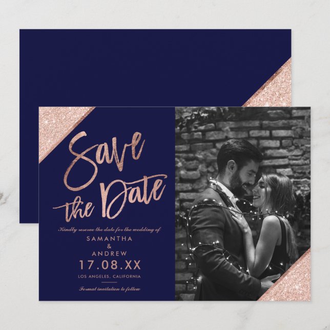Save The Date Rose or parties scintillant script bleu marine enr (Devant / Derrière)