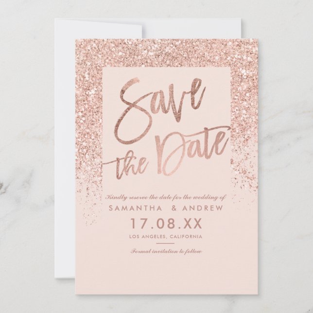Save The Date Rose or parties scintillant script rose vif enregi (Devant)