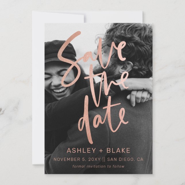 Save The Date Rose Or simple écriture calligraphie photo (Devant)