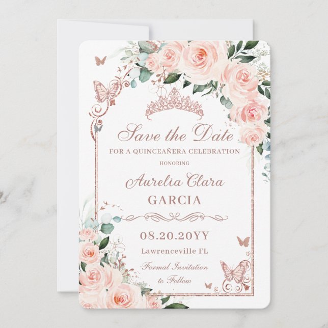 Save The Date Rose Pâle Floral Douce 16 Rose Gold Quinceañera (Devant)