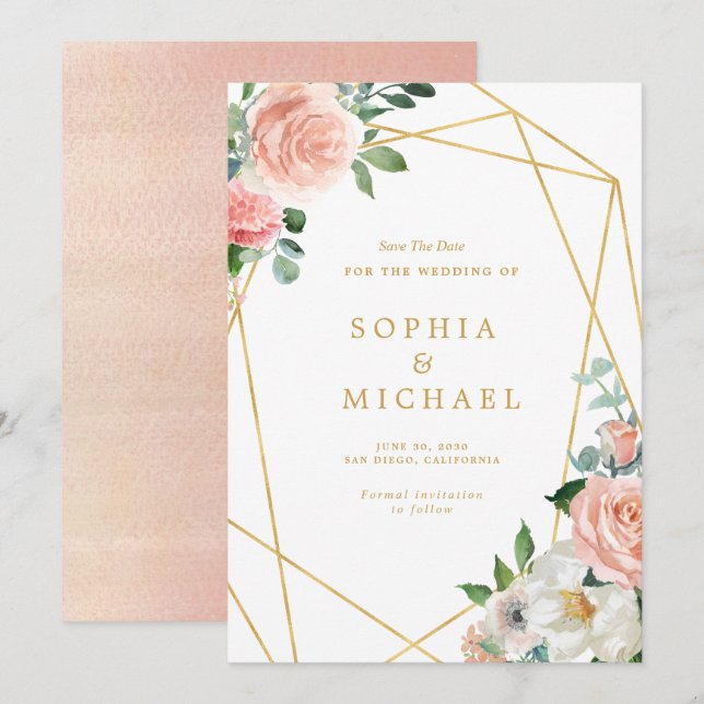 Save The Date Rose Pâle Floral Or Écriture Géométrique (Devant / Derrière)