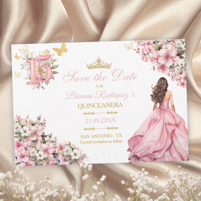 Save The Date Rose Pâle Floral Papillons Dorés Quinceañera (Créateur téléchargé)