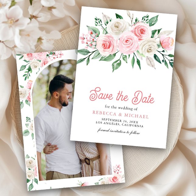 Save The Date Rose Pâle Floral Photo Mariage (Créateur téléchargé)