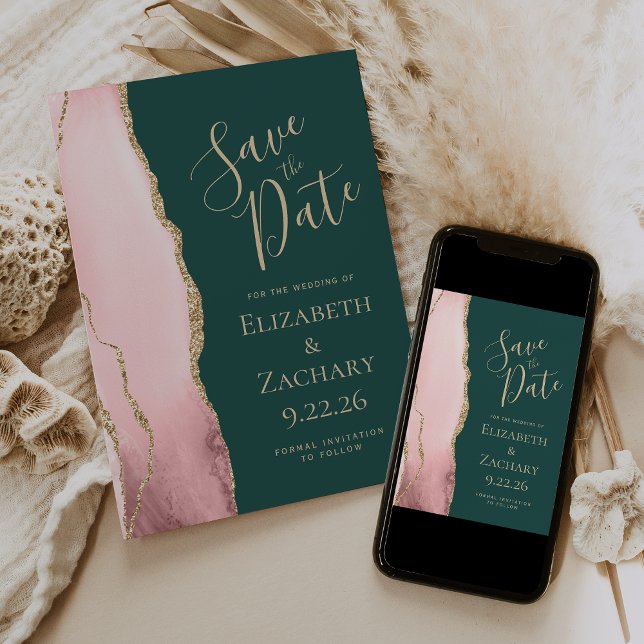 Save The Date Rose Pâle Or Agate Vert Émeraude Mariage (Créateur téléchargé)