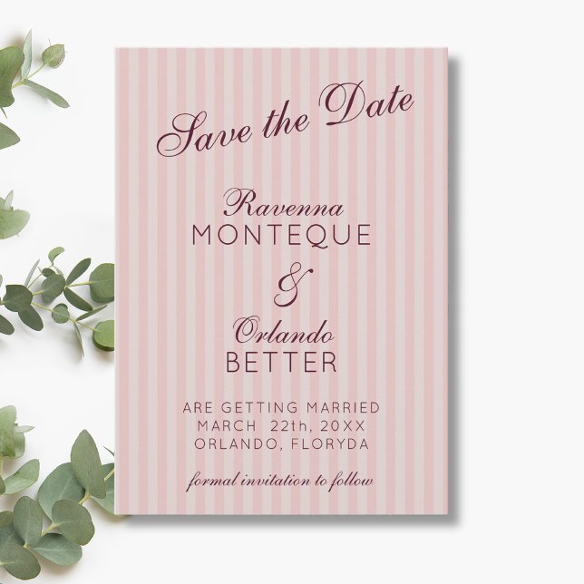 Save The Date Rose Pâle Rétro Rayures Bourgogne Mariage (Créateur téléchargé)