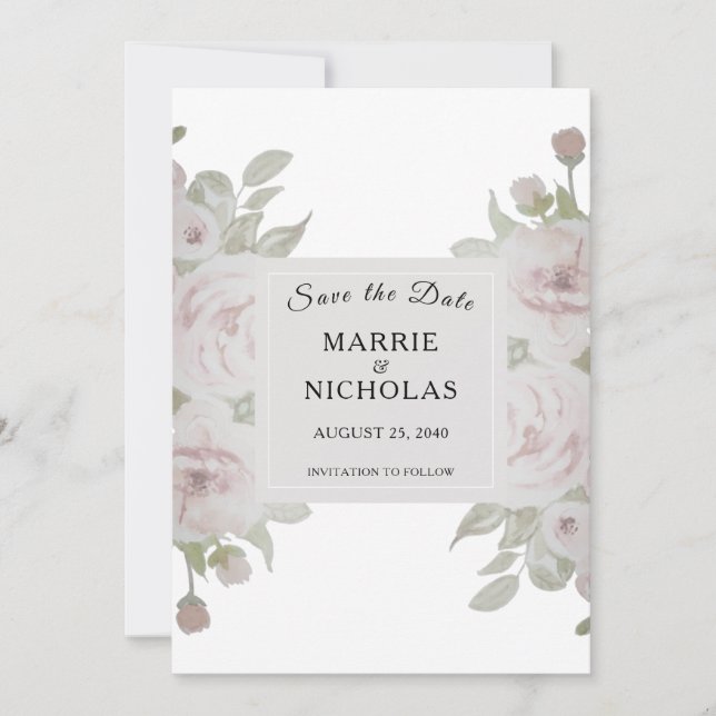 Save The Date Rose pâle Rose Floral Aquarelle Vert (Devant)