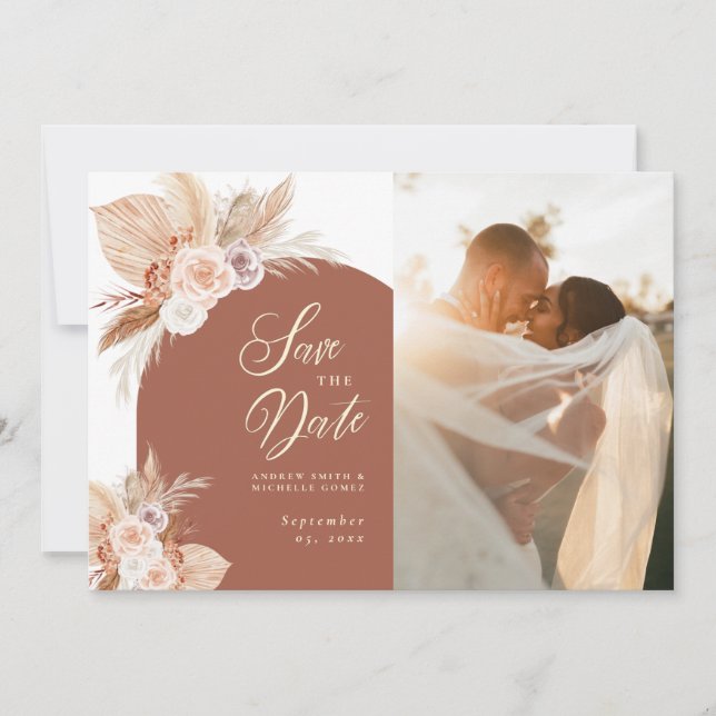 Save The Date Rose Pampas Terracotta Arch Boho Mariage photo (Devant)