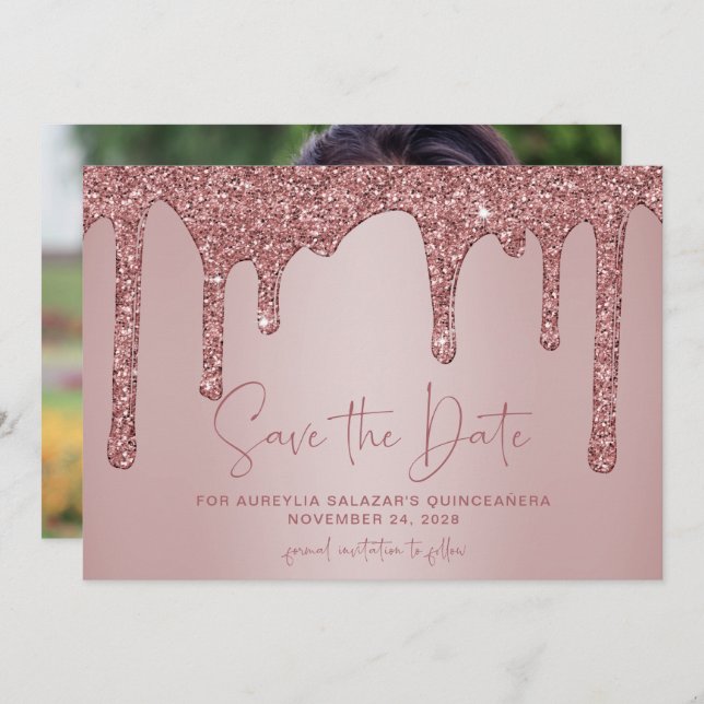 Save The Date Rose Parties scintillant or gouttes Quinceanera En (Devant / Derrière)