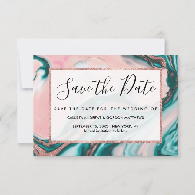 Save The Date Rose Parties scintillant or rose Turquoise marbre  (Devant)