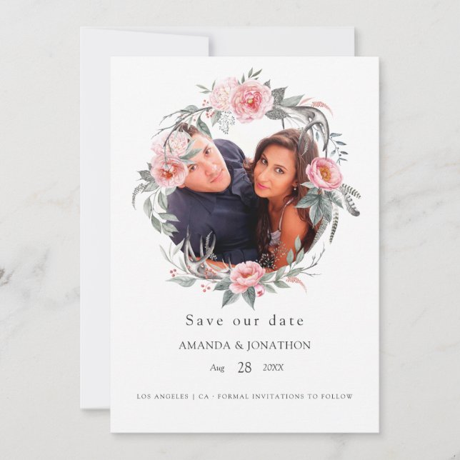 Save The Date Rose pastel et gris photo de mariage floral boho (Devant)