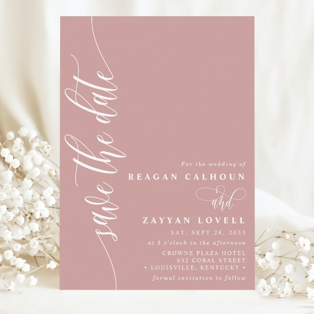 Save The Date Rose Poussiéreuse Écrire Simple Moderne Date De Sa (Créateur téléchargé)