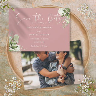 Save The Date Rose Poussiéreuse Élégante Florale de Verdure Phot