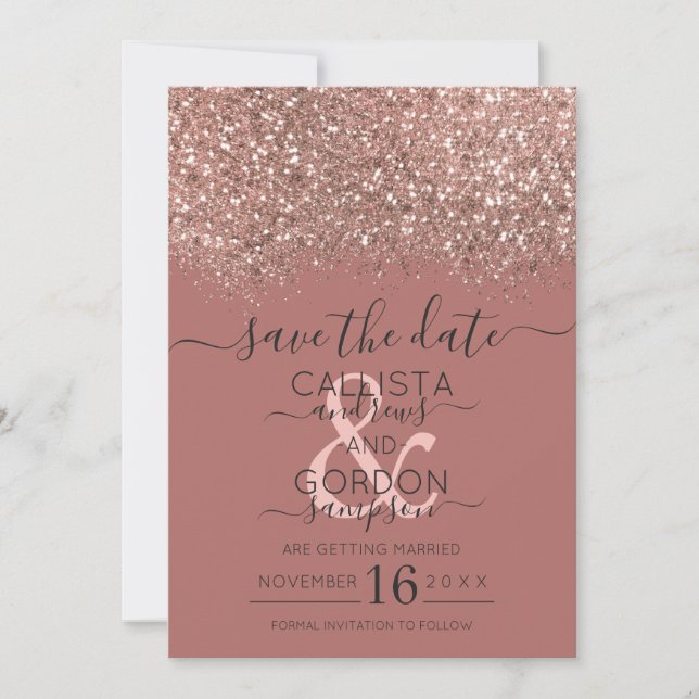 Save The Date Rose Poussiéreuse Glitter Or Confettis Mariage (Devant)