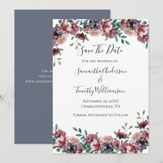 Save The Date Rose Poussiéreuse Rose Foncé Bleu Vert Eucalyptus  (Devant / Derrière)