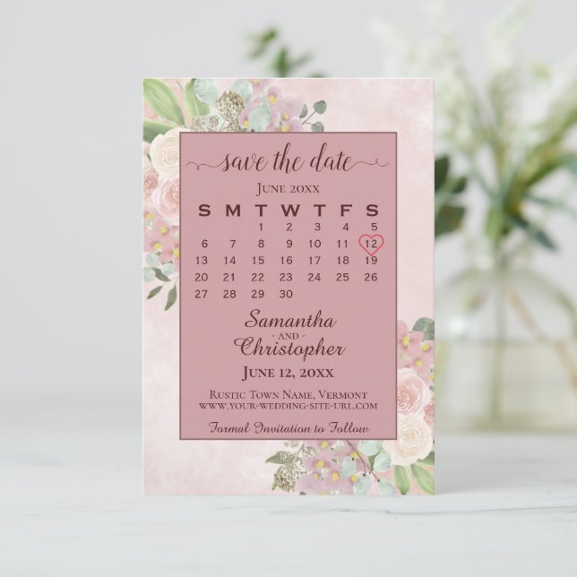 Save The Date Rose poussiéreux Aquarelle Floral Mariage Calendri (Debout devant)