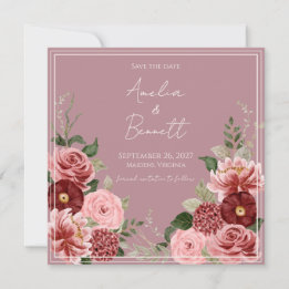Save The Date Rose Poussiéreux Bourgogne Floral Jardin Carré Sav