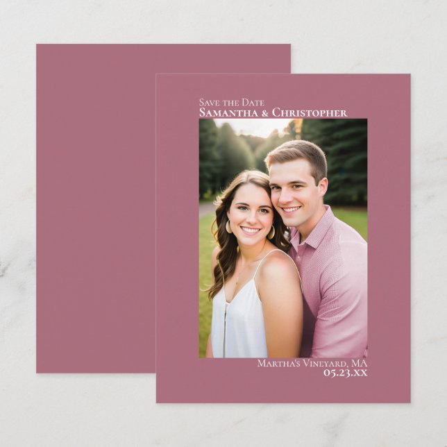 Save The Date Rose Poussiéreux Photo Verticale Mariage Minimalis (Devant / Derrière)