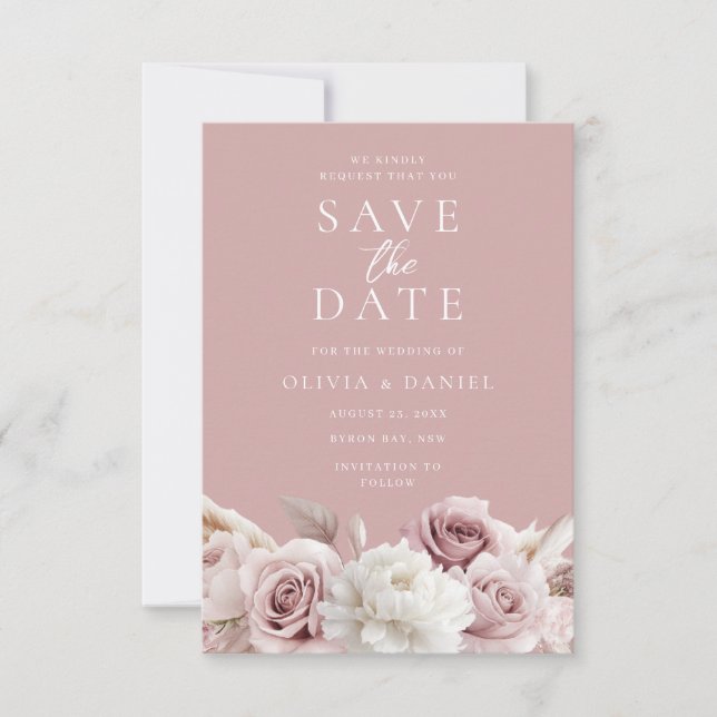 Save The Date Rose Poussiéreux & Roses Blush Mariage Élégant (Devant)