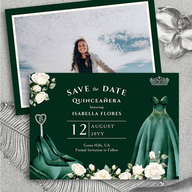 Save The Date Rose princesse et roses blanches Emerald Photo ver (Quinceanera Save the Date from Princess Dress and Roses Quinceanera Collection by Darling & May)