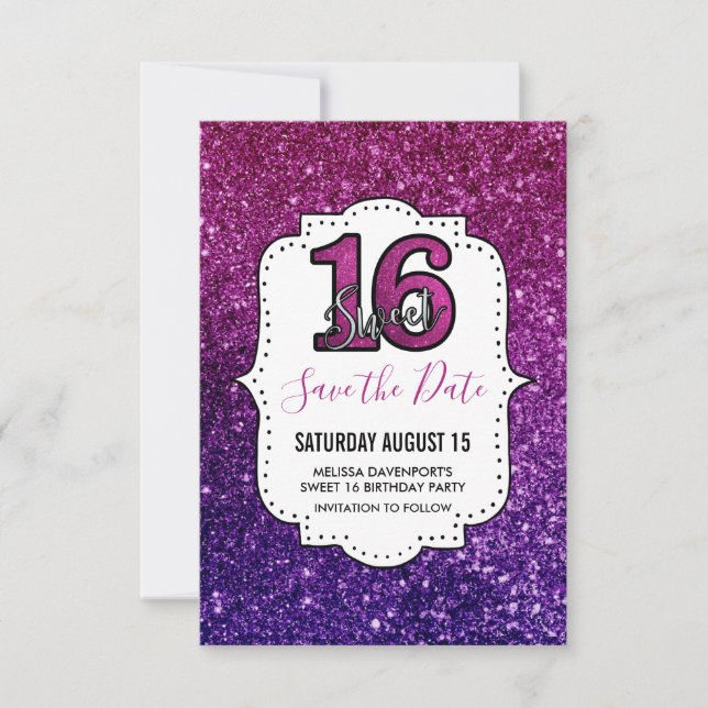 Save The Date Rose & Purple Sweet 16 Parties scintillant étincel (Devant)
