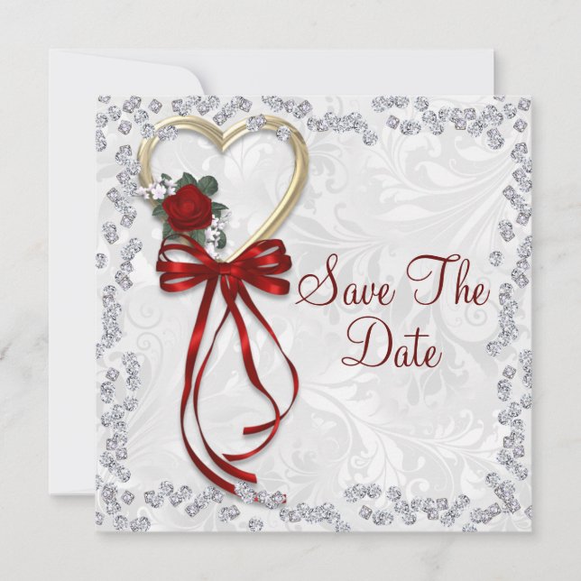 Save The Date Rose romantique, Diamants et Ruban Rouge de Mariag (Devant)