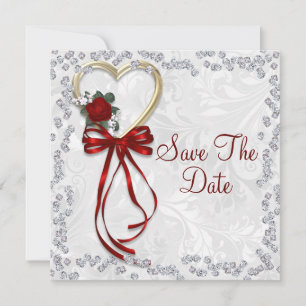 Save The Date Rose romantique, diamants et ruban rouge mariage