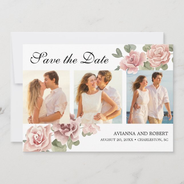 Save The Date Rose rose Dusty Floral 3 Photo Mariage moderne (Devant)