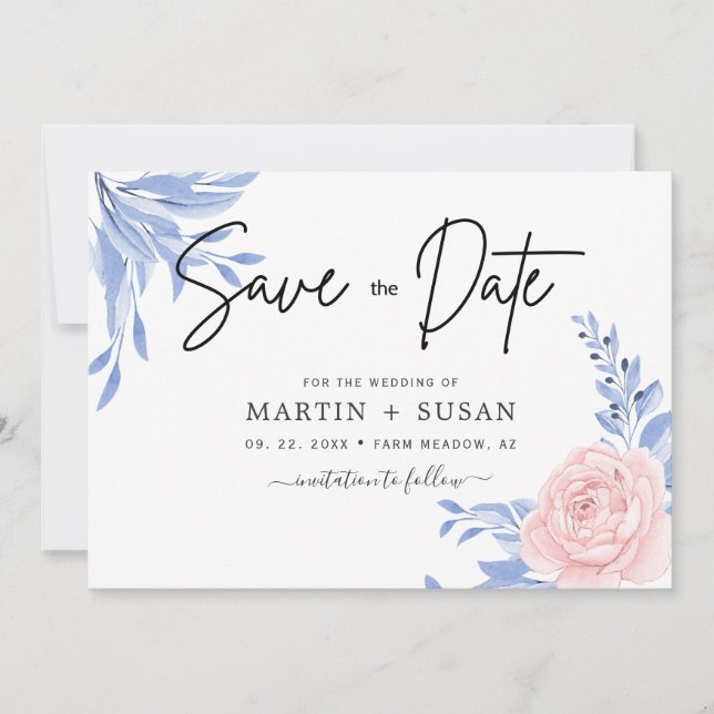 Save The Date Rose rose Floral or minimal Dusty Blue Mariage (Devant)