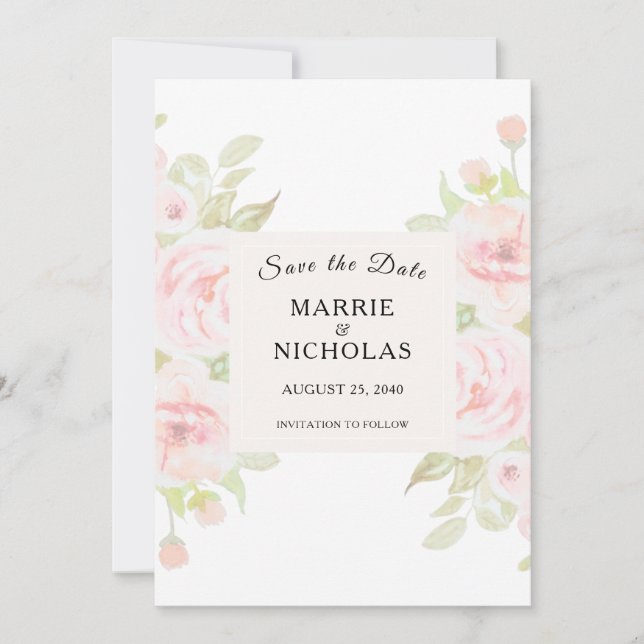 Save The Date Rose rose pâle Aquarelle Florale Vert (Devant)