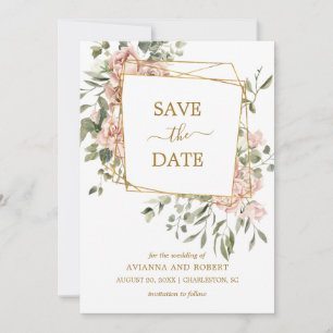 Save The Date Rose rose roux rose rose floral or cadre géométriq