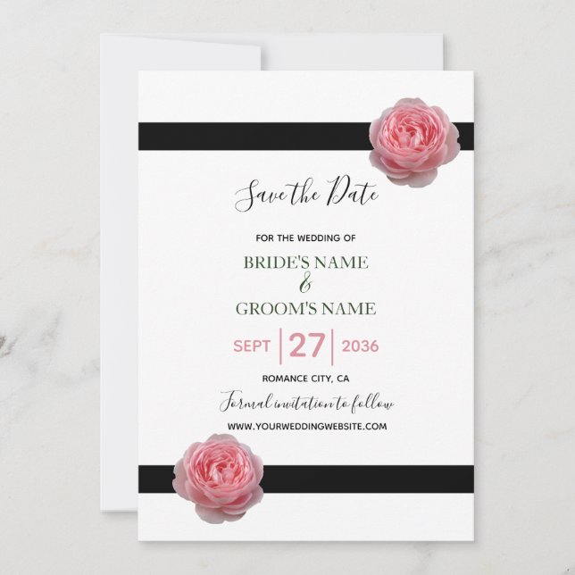 Save The Date Rose rose Ruban noir Mariage Date à retenir (Devant)