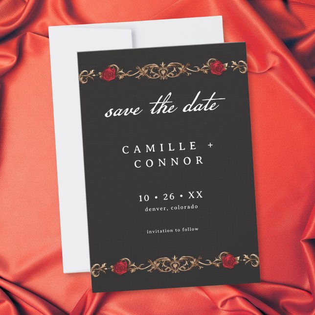 Save The Date Rose Rouge Gothique Jusqu'à la Mort Mariage (Gothic Red Rose Until Death Wedding Save The Date)